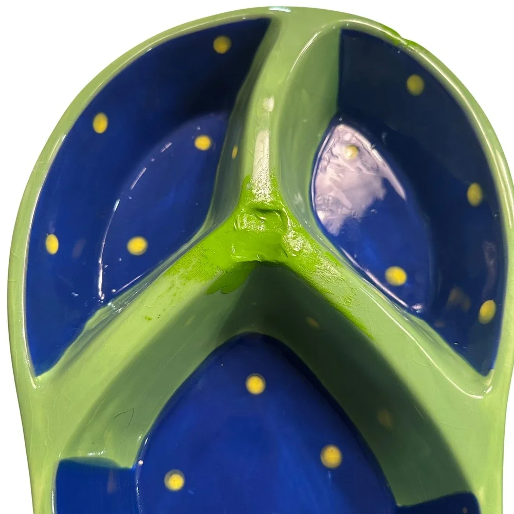 Denniseast Ceramic Flip Flop‎ Divided Serving Dish Blue Yellow Dots Green